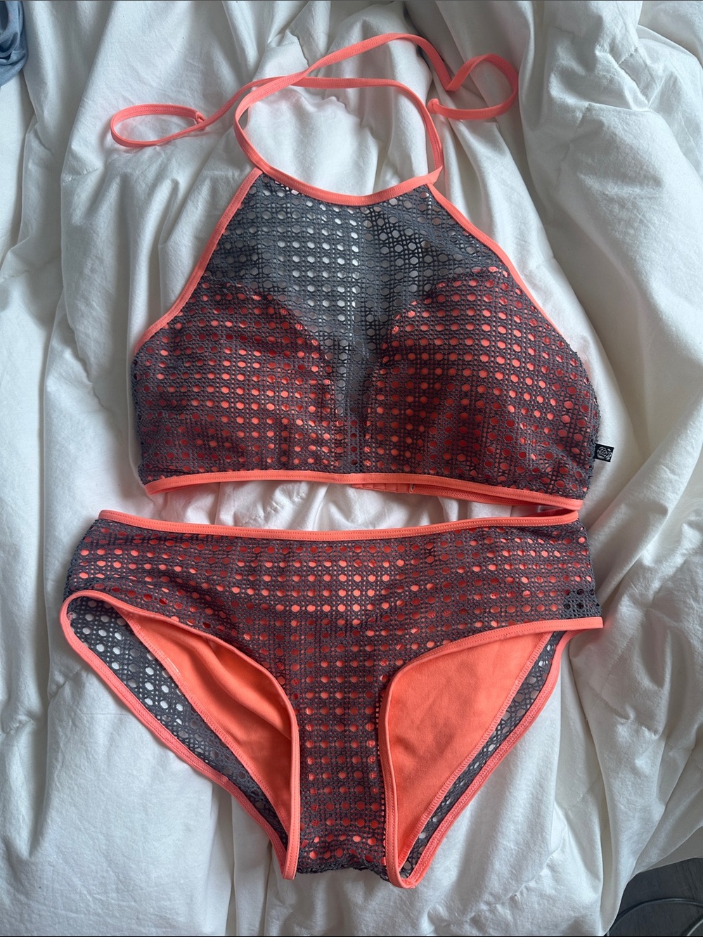 Coral Trim Black Mesh Two-Piece Bikini